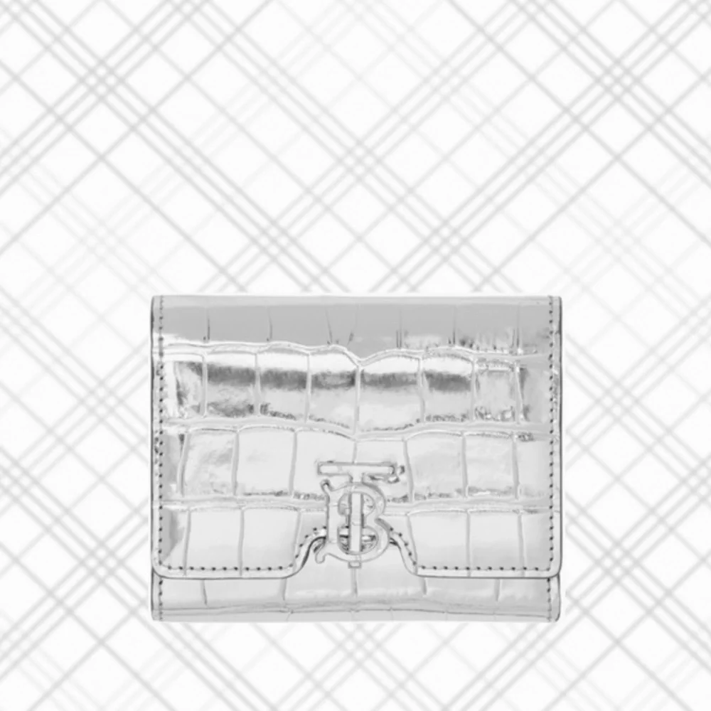 BURBERRY TB Monogram Croc Embossed Metalic Leather Wallet